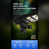 Lampadaire solaire avec caméra 4G SIM, triple objectif 6MP, vision nocturne PTZ, IP65, lampe LED extérieure, sans câblage, sans Wi-Fi nécessaire