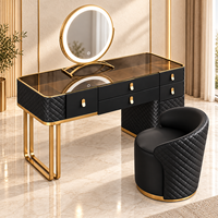Ensemble de coiffeuse de luxe noire avec miroir rond LED, tabouret et tiroirs, taille et couleur personnalisables, garantie de 2 ans