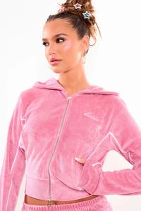 ชุดวอร์มผ้ากำมะหยี่สีชมพูและสีขาว แต่งขอบตัดกัน ปักลาย ซิปยาว - Product Image 3