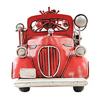 Camion de pompiers rouge Ford vintage 1938, modèle artisanal en bois peint et personnalisé, sur pied, objet de collection, décoration OMH