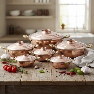 หม้อฮาลวาทองแดงขนาด 24 ซม. หม้อครัวเหล็กแบบคลาสสิกพร้อมหูจับสแตนเลสคู่และฝาปิดสำหรับทำซุปใช้ในบ้าน - Product Image 1