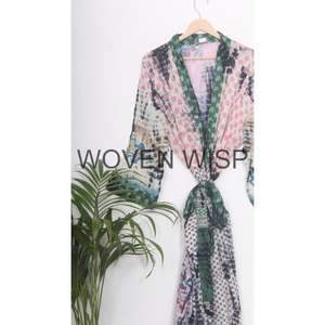 Anokhi เสื้อคลุมผ้าฝ้ายโบราณบล็อกดอกไม้พิมพ์นุ่มสบายสั้นกิโมโนเหมาะสําหรับสวมใส่หน้าแรกสวมใส่ชายหาด,ผู้หญิง - Product Image 4