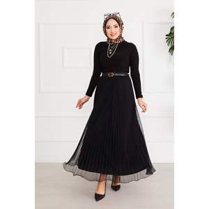 Jupe à volants noire Hijab Tulle Wrap Long Office Lady Style Spandex en lin respirant avec impression numérique Cuir teint uni - Product Image 4