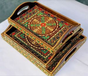 Ensemble de plateau en bois peint à la main d'art traditionnel de Swati, plateau de service en bois peint à la main d'art traditionnel de Swati - Product Image 2