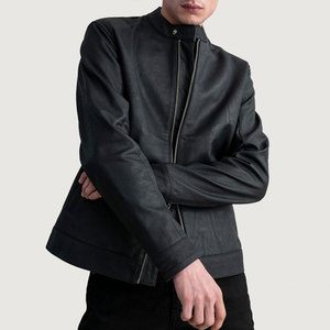 <b>Men's</b> Genuine Leather Moto <b>Jacket</b> Stand Collar Zipper Closure Regular Fit Solid Black Autumn Wear - Product Image 5