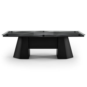 Bureau de direction hexagonal avec plateau en verre transparent, base en bois et résine époxy, design géométrique fait main, garantie 1 an - Product Image 1