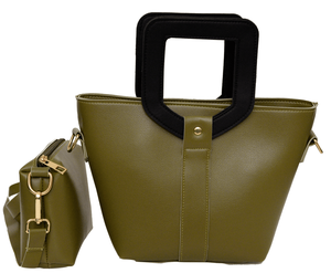 Bolso de Mano de Piel Verde para Mujer con Asa Rectangular Negra, Correa Desmontable y Bolsa a Juego - Product Image 1