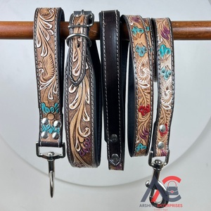 Elegant Design Hand-Tooled Leather Dog Leash & Collar Set Dog Training Cow Leather Traffic Lead 3-Piece Sets for Night <b>Walking</b> - Product Image 1