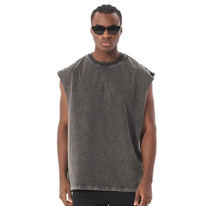 Débardeur homme été haute qualité, effet délavé, 100% coton tricoté, uni et sans manches, respirant et imprimé. - Product Image 1
