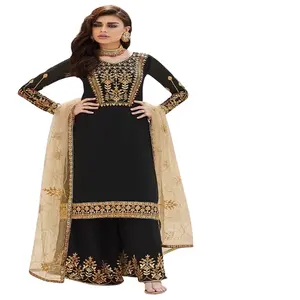 Indian Punjabi Sharara Suit, Georgette Top Palazzo With Embroidery Work With Net Dupatta For Women