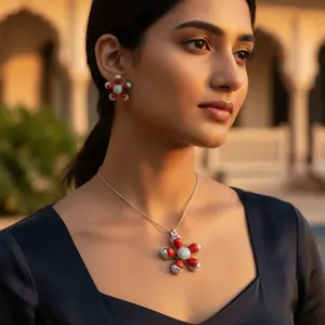 Conjunto de Joyería Fina de Flor de Coral Plateada, Aretes y Colgante Chapados en Oro y Rodio con Perla, Estilo Hawaiano, Regalo Perfecto - Product Image 1