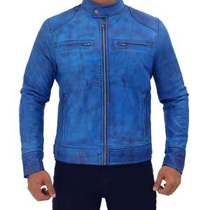 Veste en cuir de mouton et toile pour homme, style décontracté, motif uni, logo frontal, fermeture éclair, haute qualité, vente chaude - Product Image 3