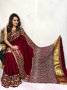 Sari de Georgette de Seda Gajji de Diseño para Mujer, de Alta Calidad, con Estampado Patola, para Ocasiones Especiales, con Bordado Gujarati - Product Image 5