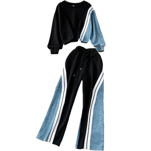 Ensemble 2 pièces pour femmes tendance et confortable pour l'hiver, sweat-shirt à manches longues à blocs de couleur, pantalon large en denim à empiècements - Product Image 3