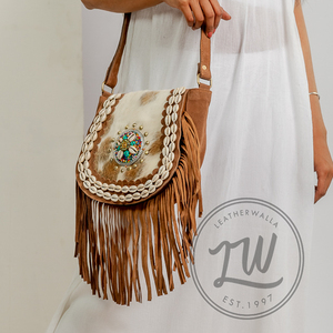 New Western Style Hair On Hide Fur Suede Leather Fringe <b>Bag</b> High Quality <b>Boho</b> Women Leather Shoulder <b>Bag</b> With Turquoise Stone - Product Image 2