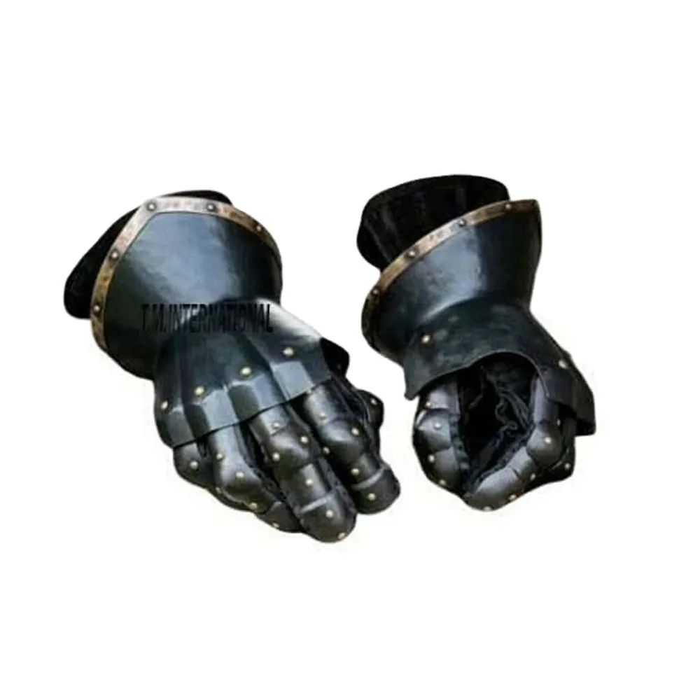 Arming Knight Gauntlets Pair of Hunter for Men Hand Armor Black Polished 18 Gauge Steel Leather Strip Functional Gloves.