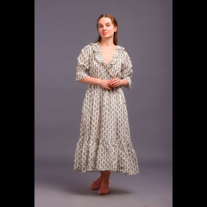 เดรสแม็กซี่ทรงสบาย คอวี ลายพิมพ์บล็อกด้วยมือ ผ้าฝ้าย แต่งระบาย กระเป๋า ซักได้ เป็นมิตรกับสิ่งแวดล้อม เอวธรรมชาติ - Product Image 1