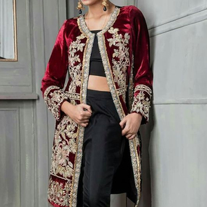 NEW--STYLISH EMBROIDERY ON LONG JACKET ON VELVET FABRIC WITH EMBELLISH OF CRYSTAL BEADS ,GLASS STONE WORK FOR PARTY-WEAR @ 2022 - Product Image 1