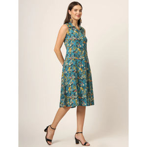 Vestido midi de algodón puro con estampado floral azul, vestido midi línea A, vestido midi con hombros descubiertos, vestido midi entallado - Product Image 4