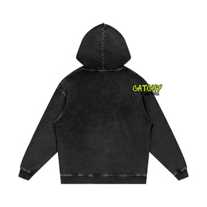 Vente en gros de sweat à capuche pour hommes gris fumée vintage lourd délavé à l'acide avec poche - Product Image 6