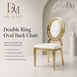 Chaise de mariage en acier inoxydable doré à double anneau et dossier médaillon, avec coussin blanc, pour banquets et événements hôteliers - Vente en gros de sièges - Product Image 1