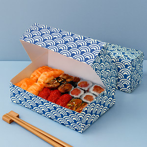 Boîtes à sushi en papier personnalisées recyclables imprimées en couleur avec fenêtre en plastique, gaufrage et revêtement UV - Product Image 3
