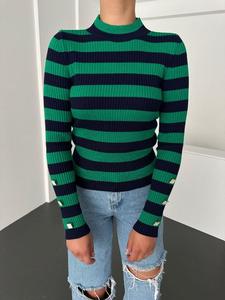 เสื้อสเวตเตอร์คอเต่าแขนยาวลายทางสีน้ำเงินเข้มของผู้หญิงเสื้อถักลำลองแบบมีกระดุมสำหรับฤดูใบไม้ร่วง - Product Image 5