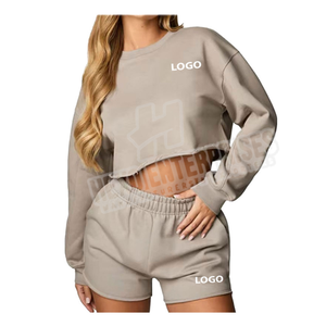 Custom Logo <b>Women</b> Cotton Spring and Autumn <b>Long</b> Sleeve Sweatshirt and <b>Shorts</b> Set Tracksuit for <b>Women</b> - Product Image 5
