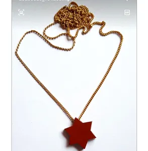 流行品牌六尖星形红玛瑙宝石项链925纯银镀金嵌框套装长链项链