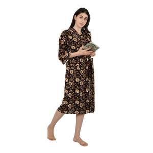 Robe de maison bohème imprimée à la main, Kimono indien en pur coton noir safran, motif floral botanique, Cache-maillot de bain de plage - Product Image 5