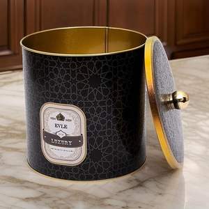 Mango de perilla de patrón geométrico dorado Recipiente redondo de metal de 175x180mm con fondo negro para almacenamiento y contenedor de alimentos - Product Image 3