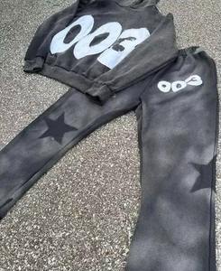 High Quality Acid Wash New Winter Oversized Vintage Heavy Acid Wash Sweat Suit Mens <b>Distressed</b> Embroidery Cut and Sew Tracksuit - Product Image 5