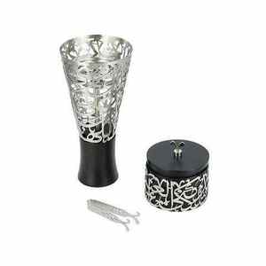 Brûleur d'encens de luxe au design arabe, support en bois de santal durable, calligraphie arabe, finition noir et argent, écologique, religieux - Product Image 1