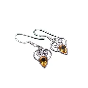 Tự Nhiên Citrine Mặt Lê Hình Dạng Đá Quý 2.9 Gram 92.5 Bạc Bông Tai Handmade Dangle 1.4 "Dài Bán Buôn