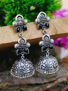Toucher indien oxydé argent Jhumka boucles d'oreilles pour femmes filles fait à la main pierre rose bijoux de mode ethnique accessoire à la mode - Product Image 4