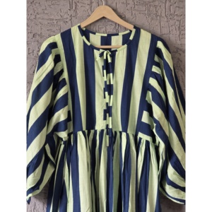 Vestido Maxi a Rayas Azul Marino y Verde Lima Pálido, Diseño Personalizado, Estilo Boho, Cintura Imperio, Transpirable, para Uso Diario, ODM - Product Image 4