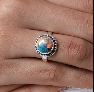 High Quality 10mm Beaded Baho Bezel Setting Solid 925 Sterling Silver <b>Ring</b> with Spiny Oyster Copper <b>Turquoise</b> for Women - Product Image 1