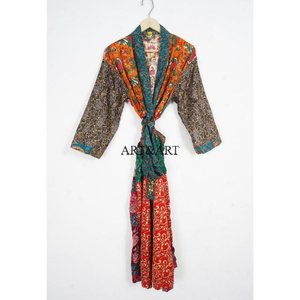 Handmade Vintage Silk Sari Kimono Bathrobe Full-Size Sexy Elegant V-neck Patchwork Front Drawstring Closure Soft Breathable - Product Image 1