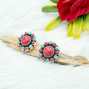 ต่างหูเม็ดเดี่ยวสีเงินสเตอร์ลิงสี925ปะการังหลากสีธรรมชาติและเทอร์ควอยซ์เครื่องประดับของขวัญแต่งงานที่หรูหรา - Product Image 3