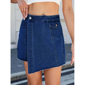 Jupe en jean asymétrique à ourlet effiloché, ornée d'une ceinture à boutons, coupe crayon décontractée et sexy, taille légèrement ajustée, idéale pour l'été, l'automne et l'hiver, disponible en plusieurs couleurs. - Product Image 5