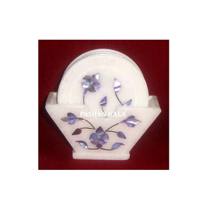 Posavasos de cocina con incrustaciones de madreperla azul de mármol blanco puro de diseño antiguo para decoración del hogar y regalos de negocios - Product Image 1