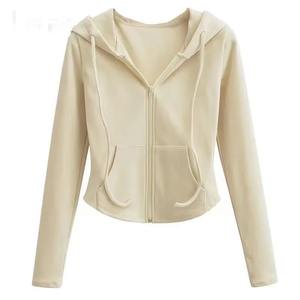 Nouvelle arrivée printemps automne hiver, veste à capuche décontractée unie, courte, ample, fermeture éclair, tissu tricoté, design brodé sur le devant - Product Image 3