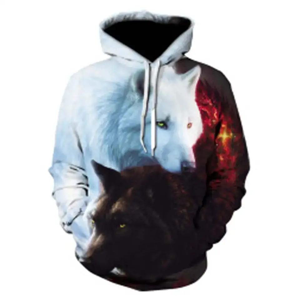 Wholesale Custom 3D Design Wolf Animal Printed Hooded Fleece Pullover Sweatshirts Hoodie