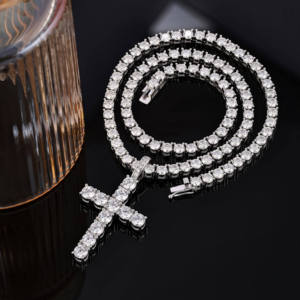Hip Hop Style 925 <b>Sterling</b> <b>Silver</b> Gold Plated Round Brilliant Cut Diamond Tennis Chain <b>Cross</b> Pendant Men's Necklace - Product Image 5
