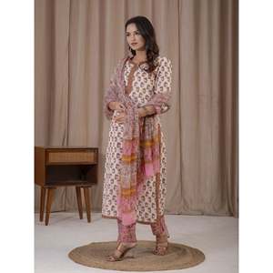 ชุดคุรตะผ้าฝ้ายพิมพ์ลายมือสีขาวเหลือง แขนสามส่วน สำหรับใส่ในชีวิตประจำวัน - Product Image 6