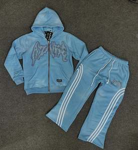 Conjunto de Sudadera con Capucha y Cremallera para Hombre, de Venta Caliente, Personalizado, de Peso Pesado, con Parches y Bordados Desgastados, y Pantalones de Chándal Unisex Acampanados - Product Image 4