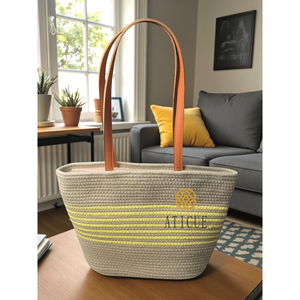 Bolso Tote de Yute Ecológico y Duradero para Mujer con Asas de Cuero y Cierre de Cremallera, Diseño a Rayas, 13x5x12 Pulgadas - Product Image 4