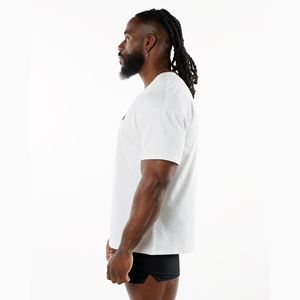 Camiseta 94% de algodón para hombre, camisa de manga corta ajustada con cuello redondo y hombros al descubierto, 6% licra, rendimiento de firma, color blanco - Product Image 3