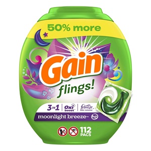 Moonlight Breeze Perfumado 112 Count Gain Flings Paquetes de detergente para la ropa Oxi Boost Febreze Uso doméstico Hojas de polvo de lavado - Product Image 1