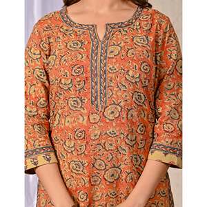 Orange Jaal Hand Drawn <b>Block</b> <b>Printed</b> Cotton Kurta Pant Set Heavy Net Indian Pakistani for Daily Wear Parties Ethnic Occasions - Product Image 2